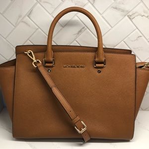 Michael Kors Selma Large Saffiano Leather Satchel Camel Brown